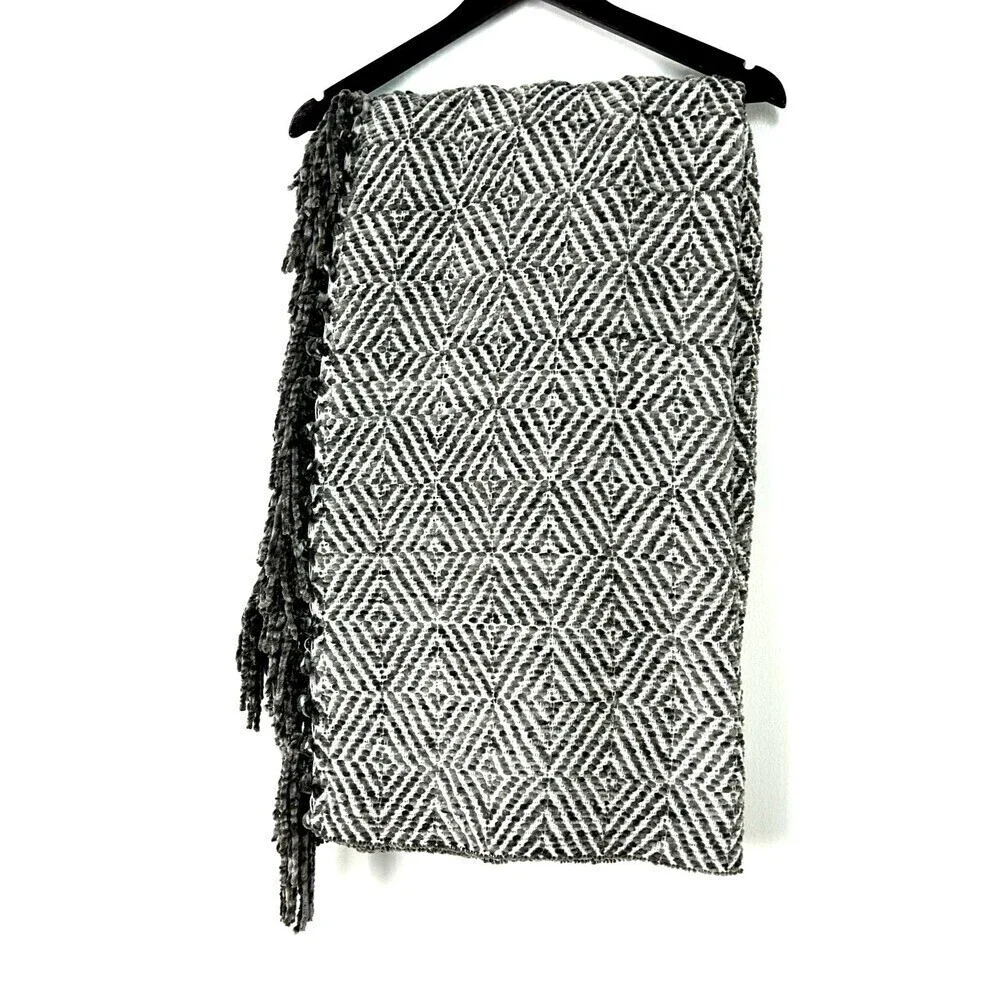Kirklands Charcoal Gray Chenille Throw Blanket Diamond Fringe Reversible 50x60